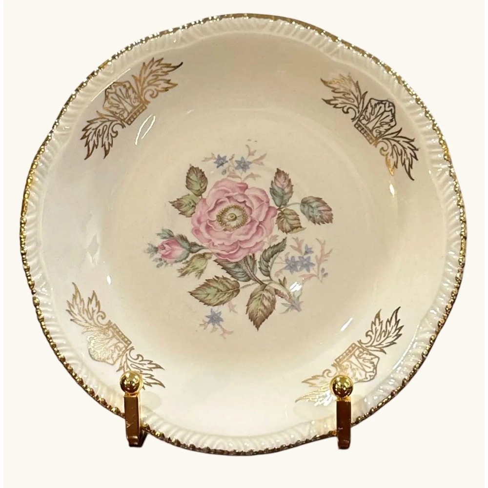 Homer Laughlin Queen Esther Saucer Pink Rose 22K Gold Trim USA Vintage 1950s